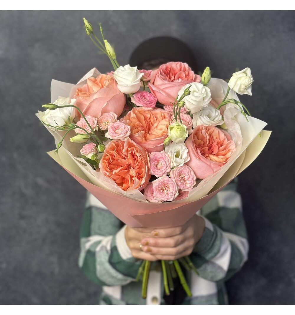Author's bouquet with peony roses and eustoma