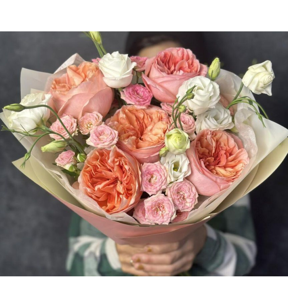 Author's bouquet with peony roses and eustoma